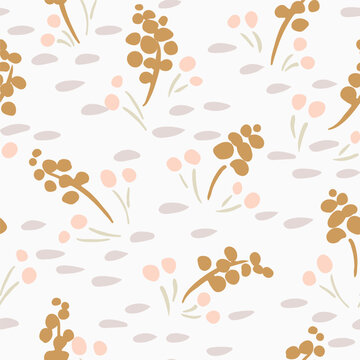 Little water weeds floating on a water body, forming a minimalist botanical pattern in colors of brown, pink and gray on off white background. Floral seamless vector pattern. Great for home decor, etc