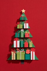 A red background featuring a stylized Christmas tree cutout filled with ornaments and a striped gift tied with a green ribbon, capturing festive mood, gifting, and holiday cheer