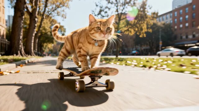Un gato atigrado naranja patinando con confianza por una calle urbana.