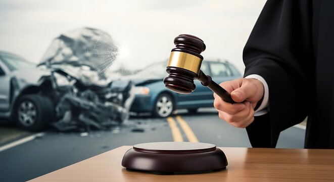 Car accident lawsuit with judge holding gavel symbolizing justice and compensation