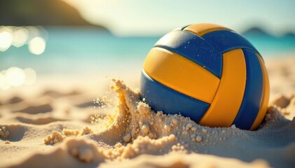 Close-up shot of volleyball hitting the sand, motion blur, sand, sports photography, grain