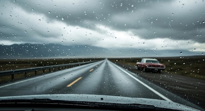 Fototapeta Driving on a rainy day with vintage car on the road