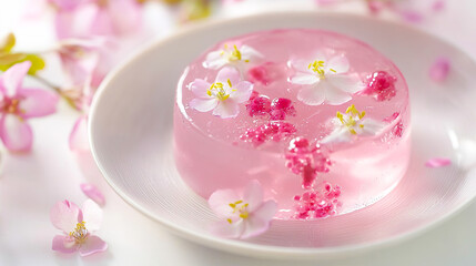 可愛いお花で飾り付けたピンク色のゼリー