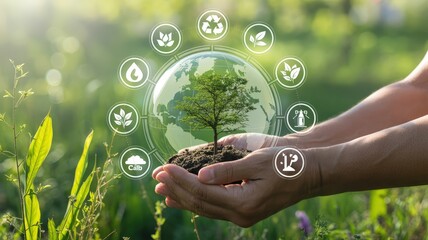 Human hands gently cradle a growing sapling on earth surrounded by environmental sustainability icons