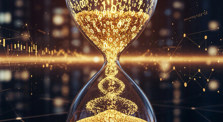 Visualize data flow with a modern hourglass filled with binary code, as time runs out, providing a sense of urgency in business and technology contexts