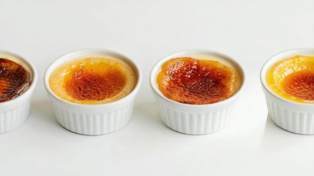Three creme brulee desserts in white ramekins