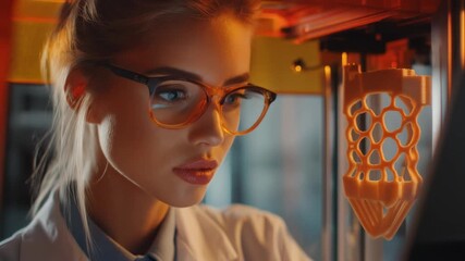 Focused female scientist working on innovative 3D printing technology in a modern laboratory environment - Powered by Adobe