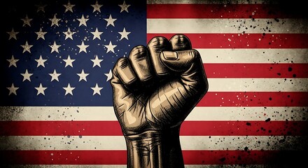 Bronze fist raised against distressed american flag symbolizing strength and unity