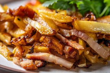 Crispy fried potatoes with bacon and onions