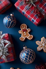 A vertical bright holiday scene featuring wrapped gifts, gingerbread cookies, candy canes, ornaments and glittering accents on a blue background