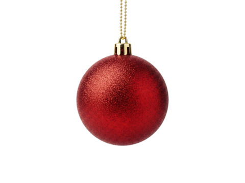 Bright Red Festive Christmas Bauble With Sparkling Glitter Texture Suspended By A Golden Ball Chain Detail Isolated On A Transparent Background For Seasonal Greeting Cards And Winter Decorati