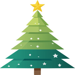 Fototapeta premium A festive green Christmas tree illustration, adorned with small white stars and topped with a large golden star. A simple, modern holiday graphic for winter
