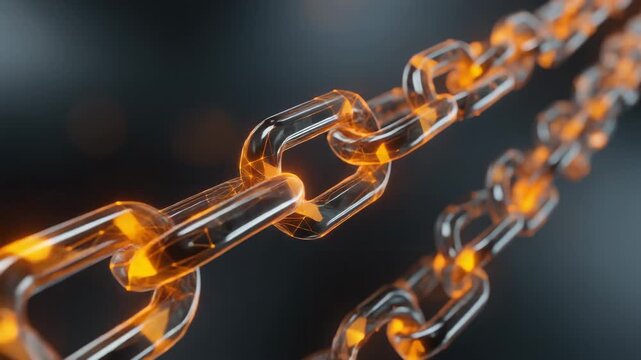 Stunning close-up view of a glowing transparent chain link with orange accents, perfect for technology and connection themes