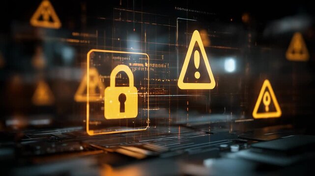 Digital security concept with padlock and warning symbols in a high-tech environment