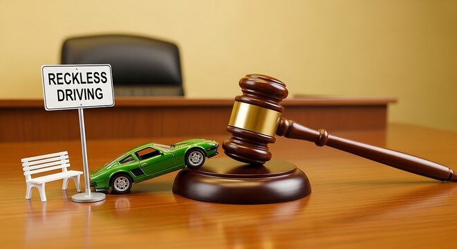 Reckless driving concept with a model car gavel and sign