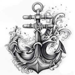Detailed monochrome drawing of an anchor surrounded by stylized waves and rope on white paper
