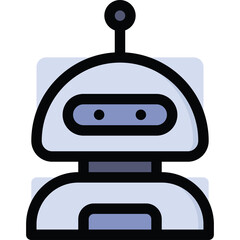 Simple Cartoon Robot Icon With Large Head And Blue Eyes On A Transparent Background With A White Body And Black Outline