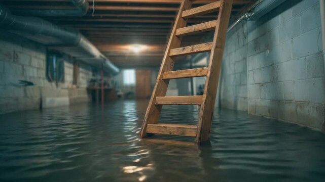 Water Flooding in Residential Basement with Wooden Ladder Leading Out in an Unstable Environment 4k video footage