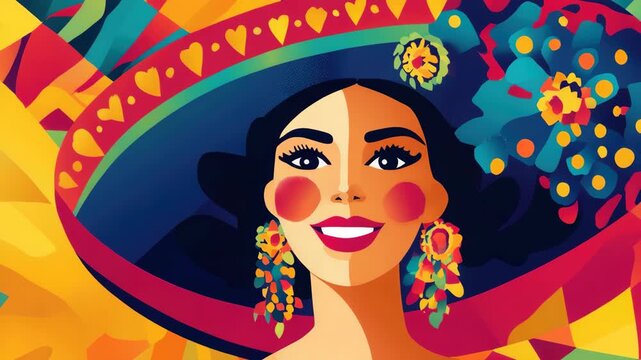 Colorful and vibrant artwork of smiling woman in traditional attire, featuring bold geometric patterns vivid hues