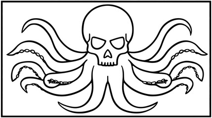 Intricate black and white line art illustration depicting a menacing skull head merged with eight swirling octopus tentacles, embodying a dark marine creature or fantasy theme