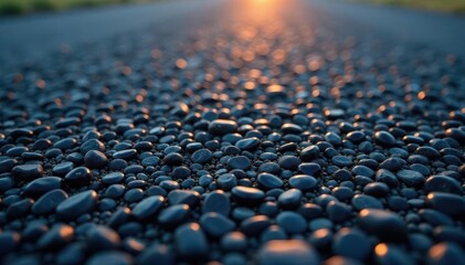 Close-up view of aged asphalt, granular detail, macro, shadow, gray