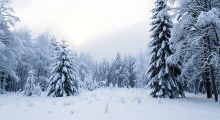 Snowy Winter Forest Evergreen Trees in a Cold, Serene Landscape Background