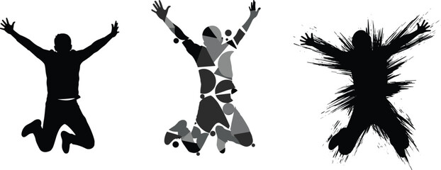 Abstract silhouettes of a jumping person representing freedom, success, and energetic achievement in three distinct black and white vector styles