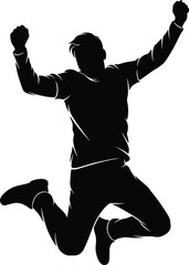 Ecstatic silhouette of an energetic happy man celebrating success, achievement, and victory while jumping high with raised fists on a white background, full body vector illustrationEcstatic silhouette