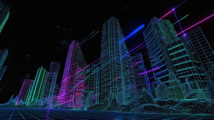 Futuristic city skyline in vibrant neon colors, 3D wireframe design for digital art enthusiasts