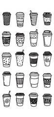 An illustration showcasing a diverse collection of 20 hand-drawn, black and white coffee cups. Each disposable paper cup features a unique pattern or design, ranging from stripes and spots to decorati