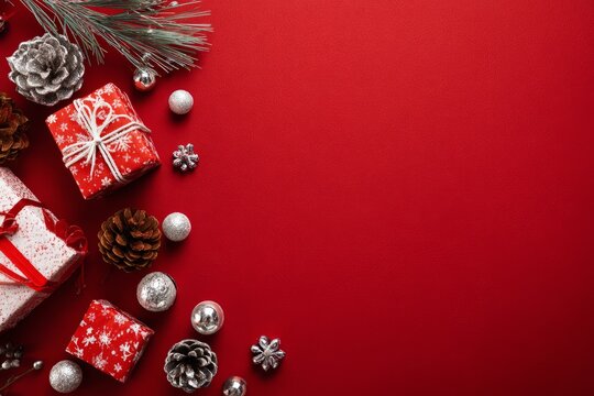 Vibrant Christmas scene with red gifts, gold ornaments, and pine branches on a red backdrop, ideal for holiday greetings and festive celebration themes