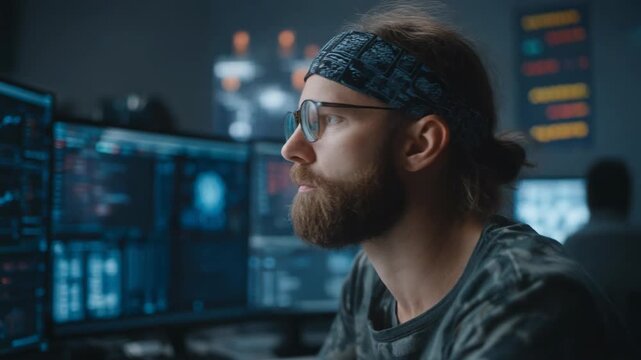Focused programmer analyzing data on multiple screens in a modern tech workspace