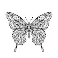 Black and white ornamental butterfly illustration with detailed mandala-like patterns for creative coloring.