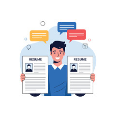 A cheerful man holding two resumes, signifying job search, career development, and professional communication.