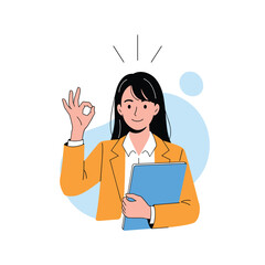 Confident businesswoman giving an 'okay' gesture while holding a folder, representing success, approval, and a positive attitude.
