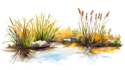 Serene wetlands watercolor painting depicting lush vegetation, calm water, and reflective natural landscape with soft brush strokes and subtle color gradients isolated on white background