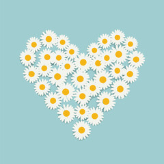 A charming illustration of a heart composed of many white daisies, each with a sunny yellow center, set against a pastel blue backdrop.