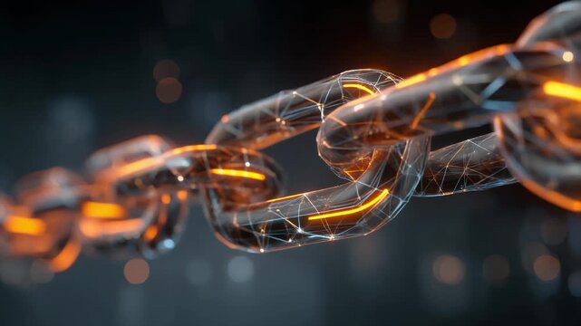 Futuristic digital chain link with glowing edges and a dark background for technology themed visuals