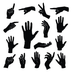 A diverse collection of human hand silhouettes illustrating a range of gestures and poses for communication and expression on a white background.