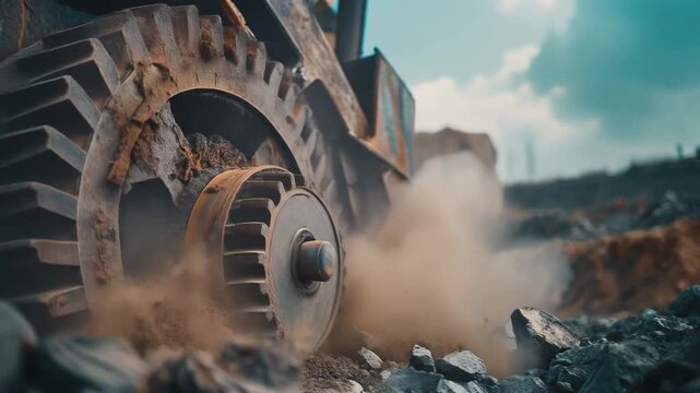 Detailed close-up of heavy machinery working on a construction site, showcasing industrial power and efficiency.