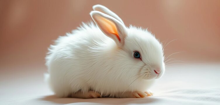 A fluffy white rabbit sits, ears perked, against a soft background, spring, innocent