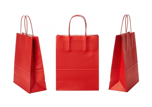 Red shopping paper bags multiple views isolated on transparent background