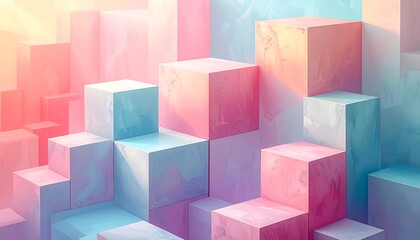 Softly lit pastel-hued geometric cubes in an abstract arrangement