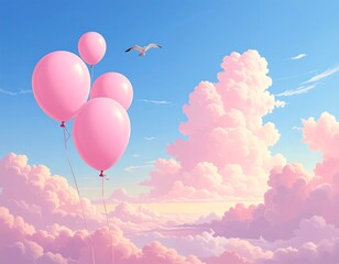 Soft pastel artwork of pink balloons against fluffy clouds and a blue sky