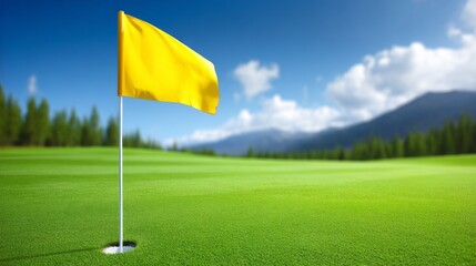 Obraz premium A vibrant yellow flag flutters gently in the breeze, marking the hole on a golf course. Lush green grass stretches out under a clear blue sky and distant mountains, creating a serene landscape
