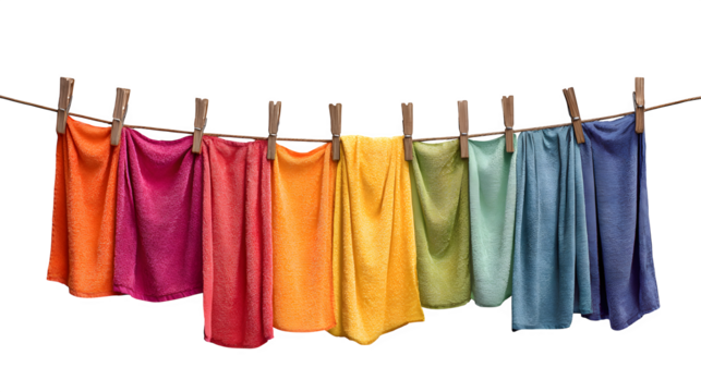 A traditional village clothesline with a row of colorful tea towels flapping in the wind, isolated on a Transparent background