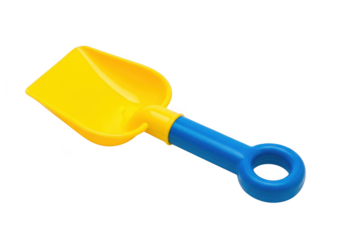 Yellow and blue toy shovel for sand play isolated on transparent background