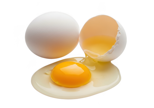 Whole egg and broken egg with yolk and white isolated on transparent background - Powered by Adobe