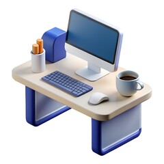 Modern 3D isometric desk setup with computer monitor, keyboard, mouse, coffee mug, and office supplies. Minimalist digital workspace.