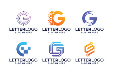 Set of letter G logo design with tech, circuit, connect logo concept